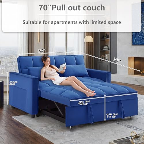 3 in 1 Convertible Sleeper Sofa Bed,Futon Loveseat Couch with Pull-Out Bed & Adjustable Backrest,Velvet Fabric Sofa with Side Pocket for Small Apartment, Living Room, Office (Black)