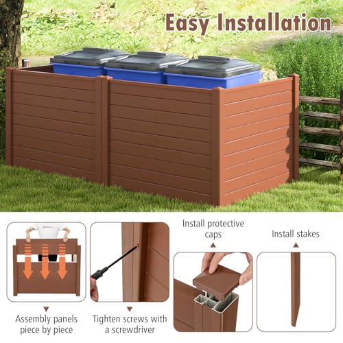 Happygrill Air Conditioner Fence, 2-Panel Trash Can Enclosure w/Stakes, 48”L x 37.5”H Pool Equipment Fence Screen, Freestanding Outdoor Privacy Fence Panel Kit for Lawn, Garden & Patio, Brown