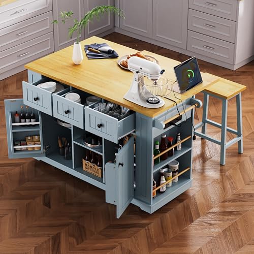 53" Rolling Large Kitchen Island Set with Power Outlet,Mobile Carts with Storage Cabinet,Extra Drop Leaf,3 Drawers and 5 Open Side Racks,Wood Table for Dining Room (Island & Stools)
