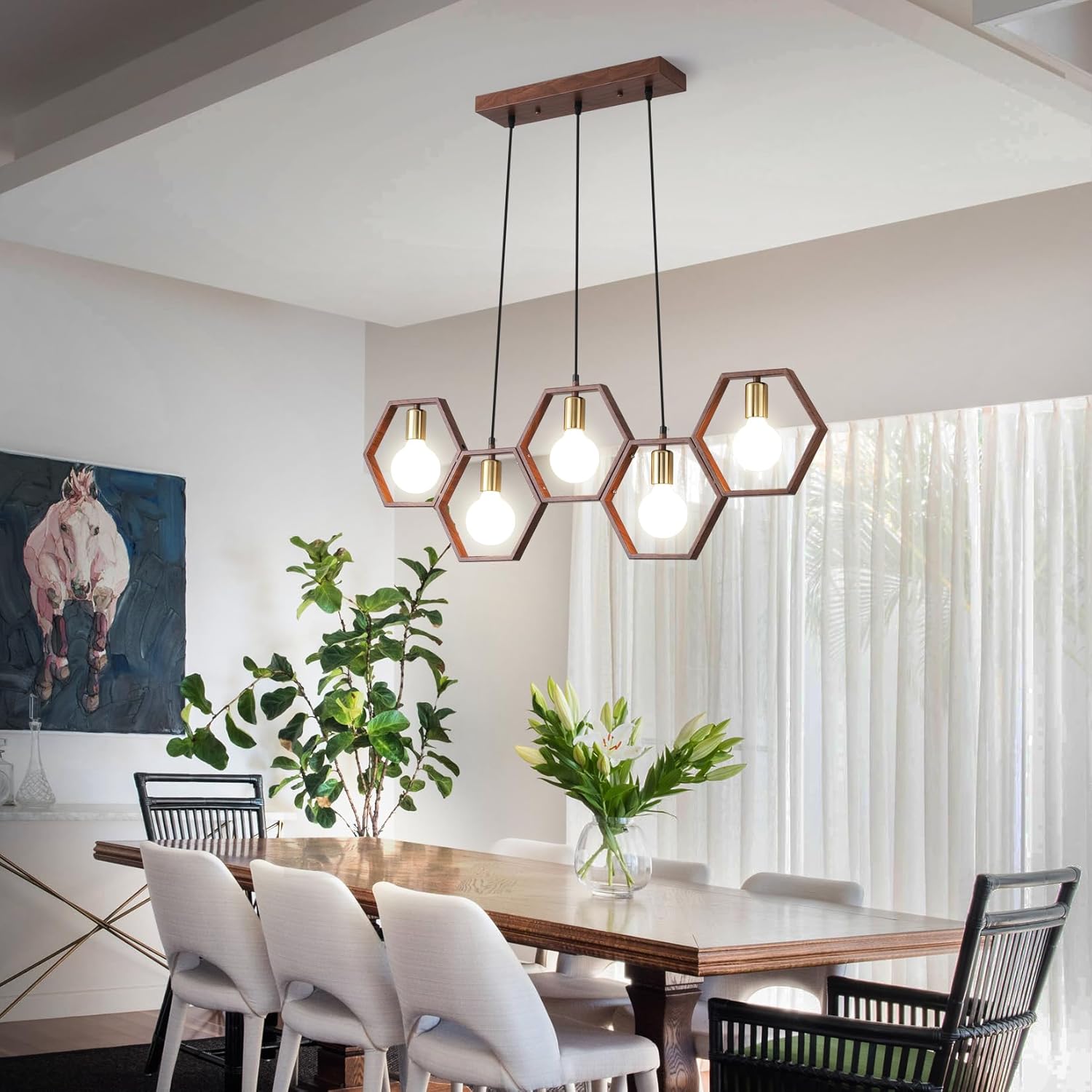 Dining Room Light Fixture Farmhouse Pendant Lights Kitchen Island Rustic Kitchen Light Fixtures 5 Lights Wood Color Black Metal Rectangular Chandelier Ceiling Hanging Lighting 38"