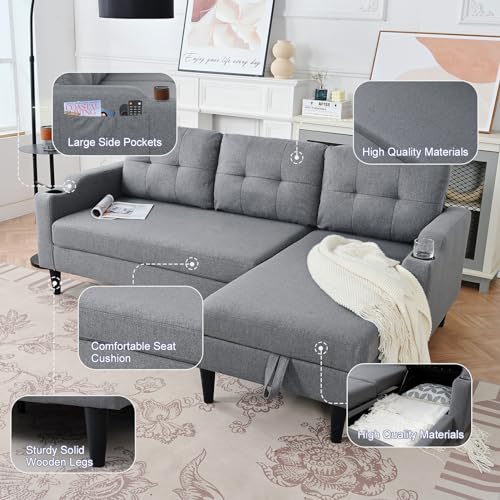 2-in-1 Design Pull Out Sleeper Sofa, Modern Upholstered L-Shaped Sofa with 2 Cup Holders & Side Storage Pocket, 3-Seat Storage Chaise Sectional Sofas for Living Room Office Apartment, Brown
