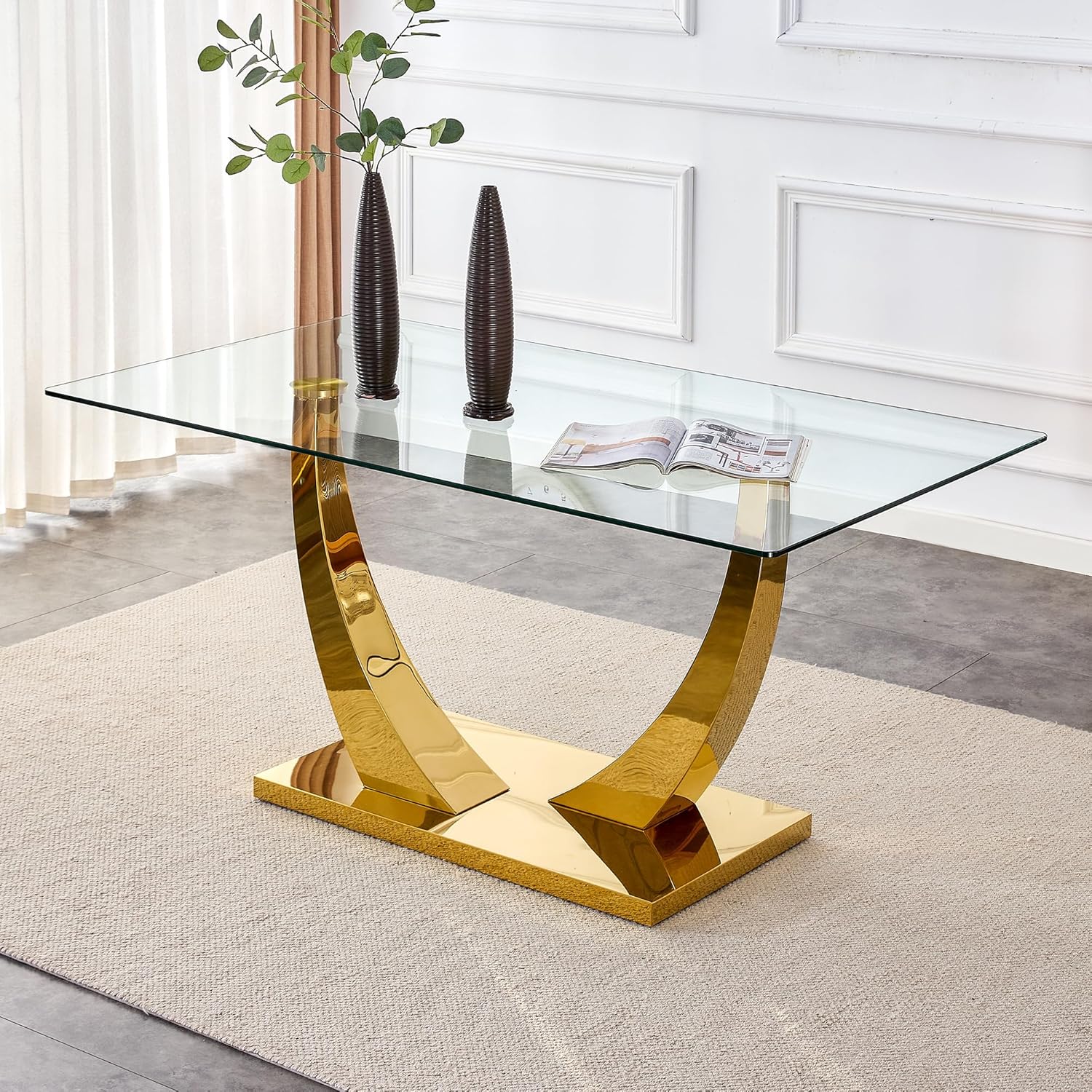 HomVent Contemporary Glass Top Rectangular Kitchen Dining Table, 0.39" Clear Tempered Glass Top Kitchen Table with Stainless Steel Base, Home Office Kitchen Dining Room Table Furniture(C, Gold Base)
