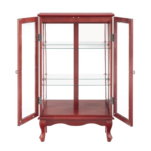 Dolonm Curio Corner Cabinet with Glass Doors, Curio Display Cabinets with Adjustable Shelves, Corner Display Cabinet with Mirrored Back Panel, Lighted Corner Curio Cabinet, Light Bulb Included, Cherry