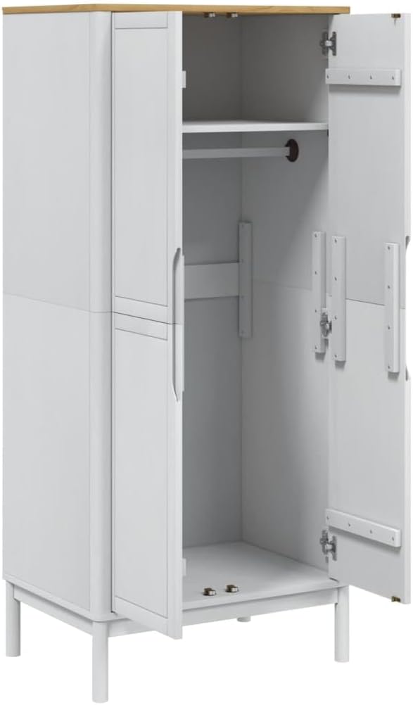 vidaXL Wardrobe Floro - Solid Pine Wood, White Finish, 30.3"x20.9"x67.3", Spacious Storage with Clothes Rail and Practical Doors