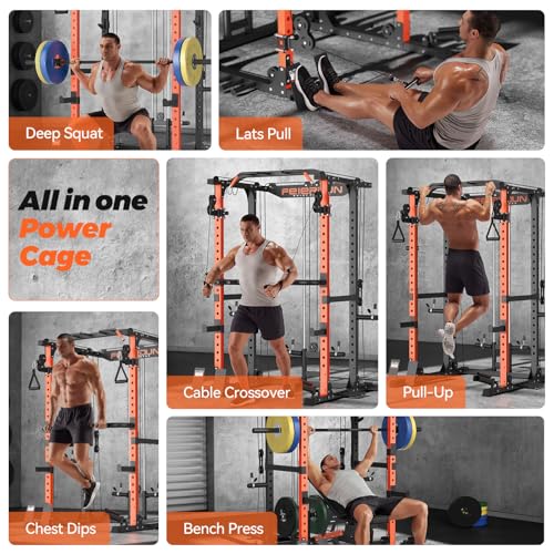 FEIERDUN Multi-Function Squat Rack Power Cage FLA01,2000LBS Capacity Power Rack with Adjustable Cable Crossover System and Additional Attachments, Ideal Weight Cage for Home Gym & Garage Workouts