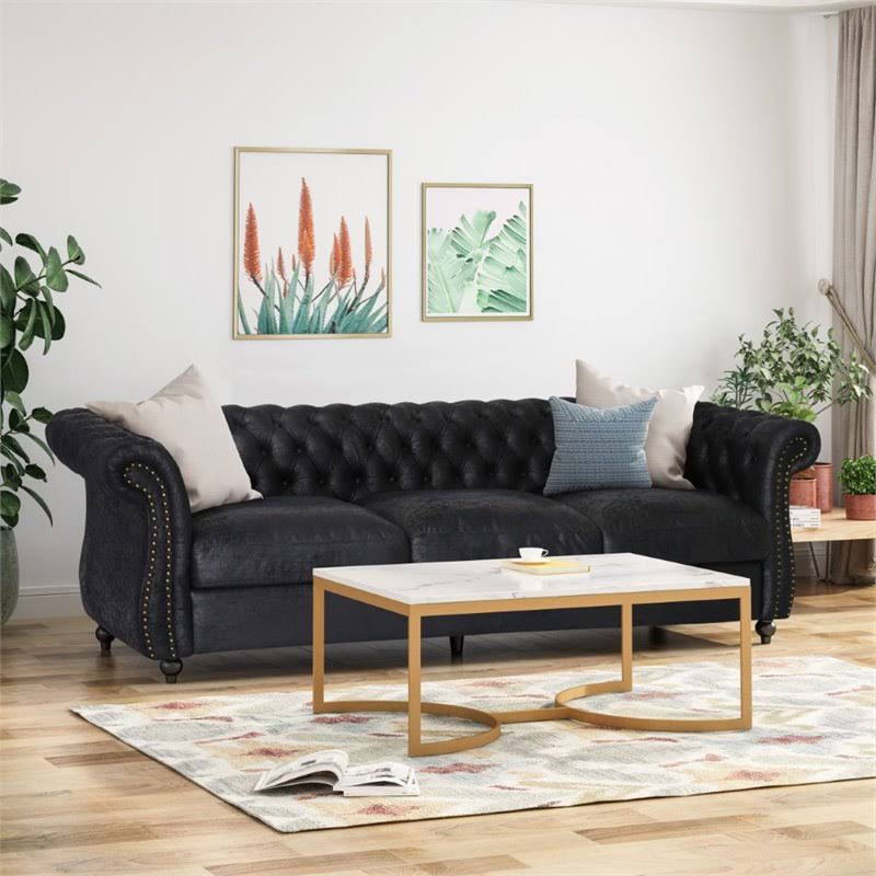 Noble House Somerville Chesterfield Tufted Microfiber Sofa in Black