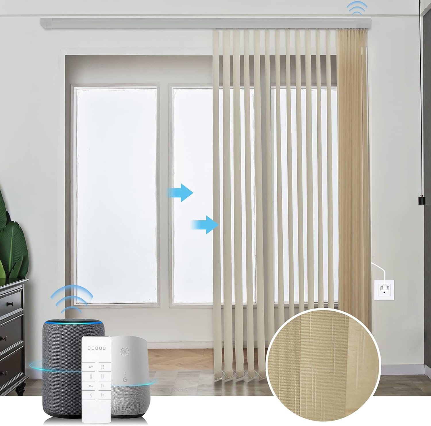 Graywind Motorized Half Shading Vertical Blinds Compatible with Alexa Google Privacy Smart Vertical Blind Remote Control Track Slats Set for Sliding Doors No Valance, Width Up to 157, Textured Khaki