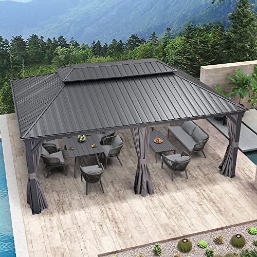 PURPLE LEAF 10' X 14' Permanent Hardtop Gazebo Aluminum Gazebo with Galvanized Steel Double Roof for Patio Lawn and Garden, Curtains and Netting Included, Grey