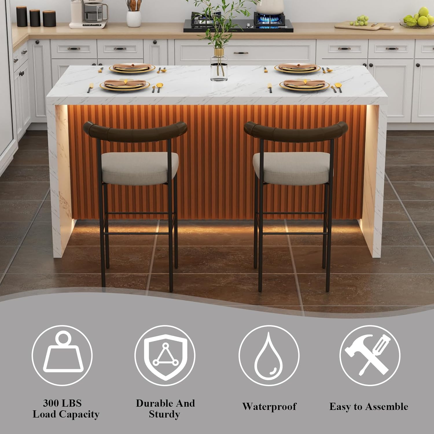 63" Large Imitation Marble Dining Table for 4-6 People, Island Table with LED Lights, Mordern Marble Stripes Kitchen Dining Table with Grille design for Dining Room, Home, Office, Living Room（White）