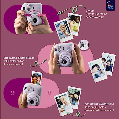 Fujifilm Instax Mini 12 Instant Camera + MiniMate Accessory Bundle & Compatible Custom Case + Fuji Instax Film Value Pack (50 Sheets) Flamingo Designer Photo Album (Clay White)