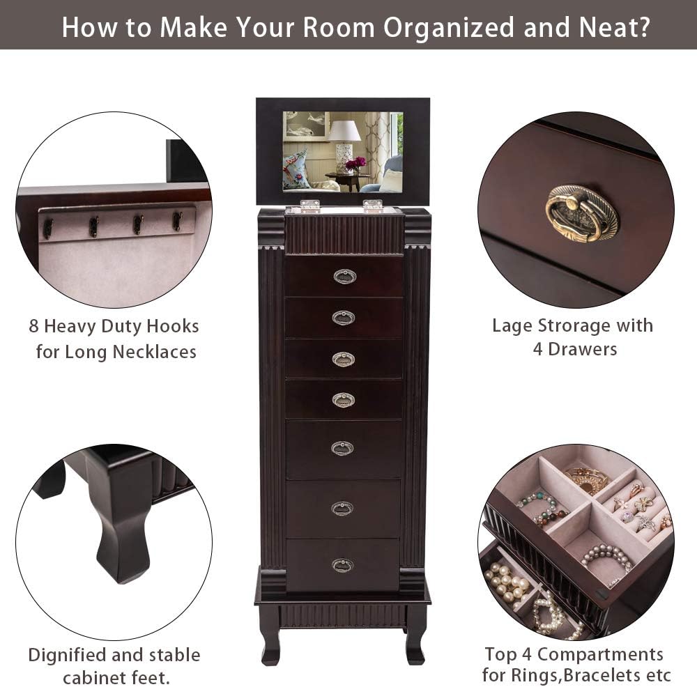 Standing Jewelry Armoire Cabinet,Jewellery Box Organizer Storage Chest with 7 Drawers,2 Swing Doors,16 Necklace Hooks,Brown