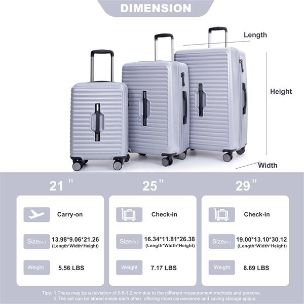 3 Piece Luggage Sets PC+ABS Lightweight Suitcase with Two Hooks, 360° Double Spinner Wheels, TSA Lock, (21/25/29) (Dark Purple)