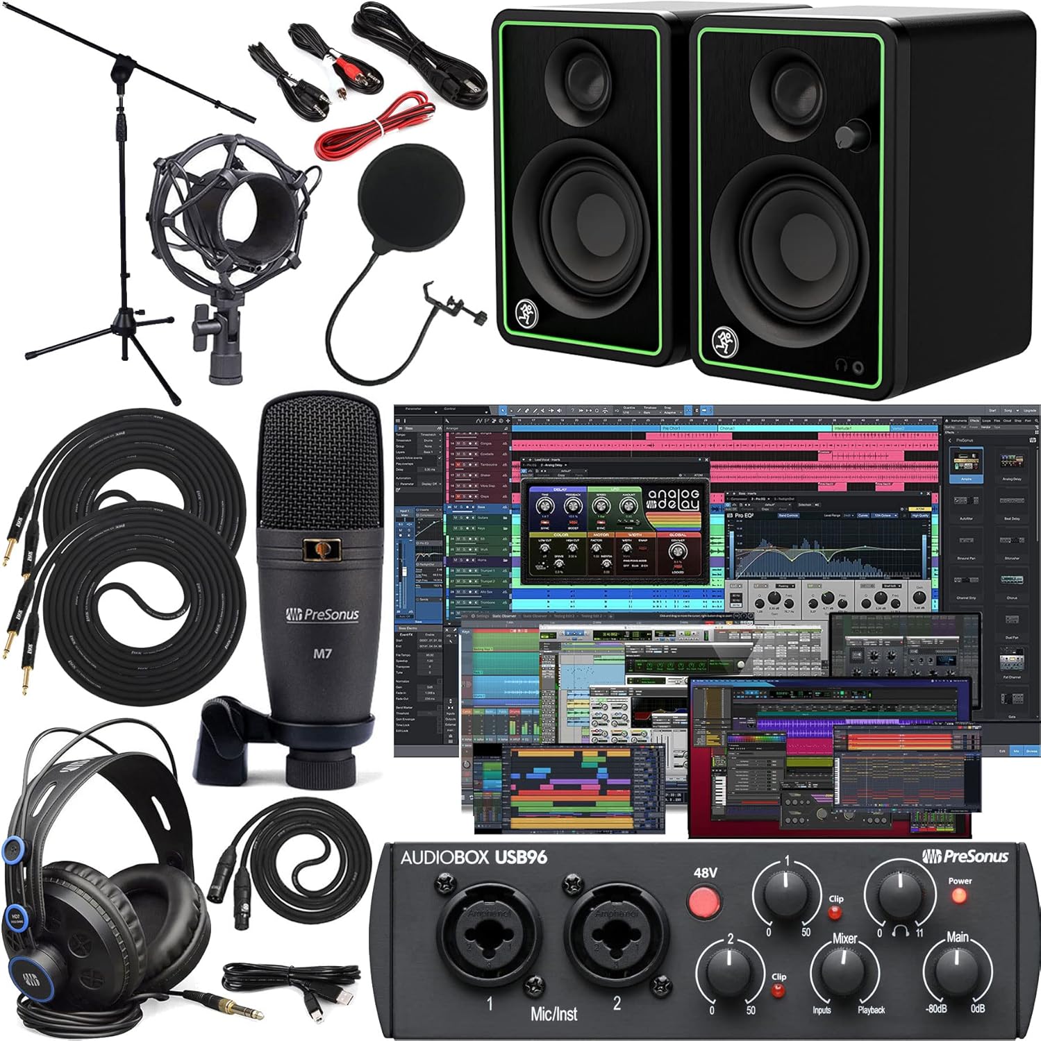 PreSonus AudioBox 96 Audio Interface Full Studio Bundle with Studio One Artist Software Pack with Mackie New! CR3-X BT Creative Multimedia Bluetooth Monitors and 1/4” Instrument Cables