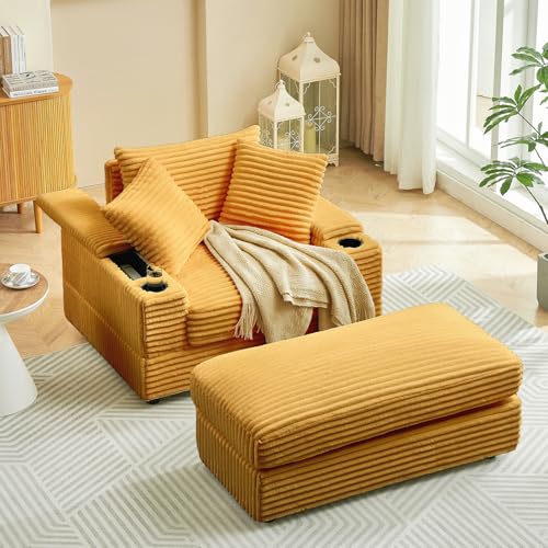 Oversized Chaise Lounge Chair Indoor with Ottoman,43.3" W Corduroy Upholstered Modern Sofa Couch with Storage Spaces&Cup Holder,Comfy Reclining Sleeper Chair for Living Room,Office(Green)