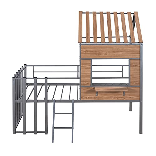 Harper & Bright Designs Kids House Beds Low Loft Bed Frame with Roof, Window, Guardrail and Ladder, Metal Twin Size Loft Bed for Kids Teens Girls Boys (Twin, White)