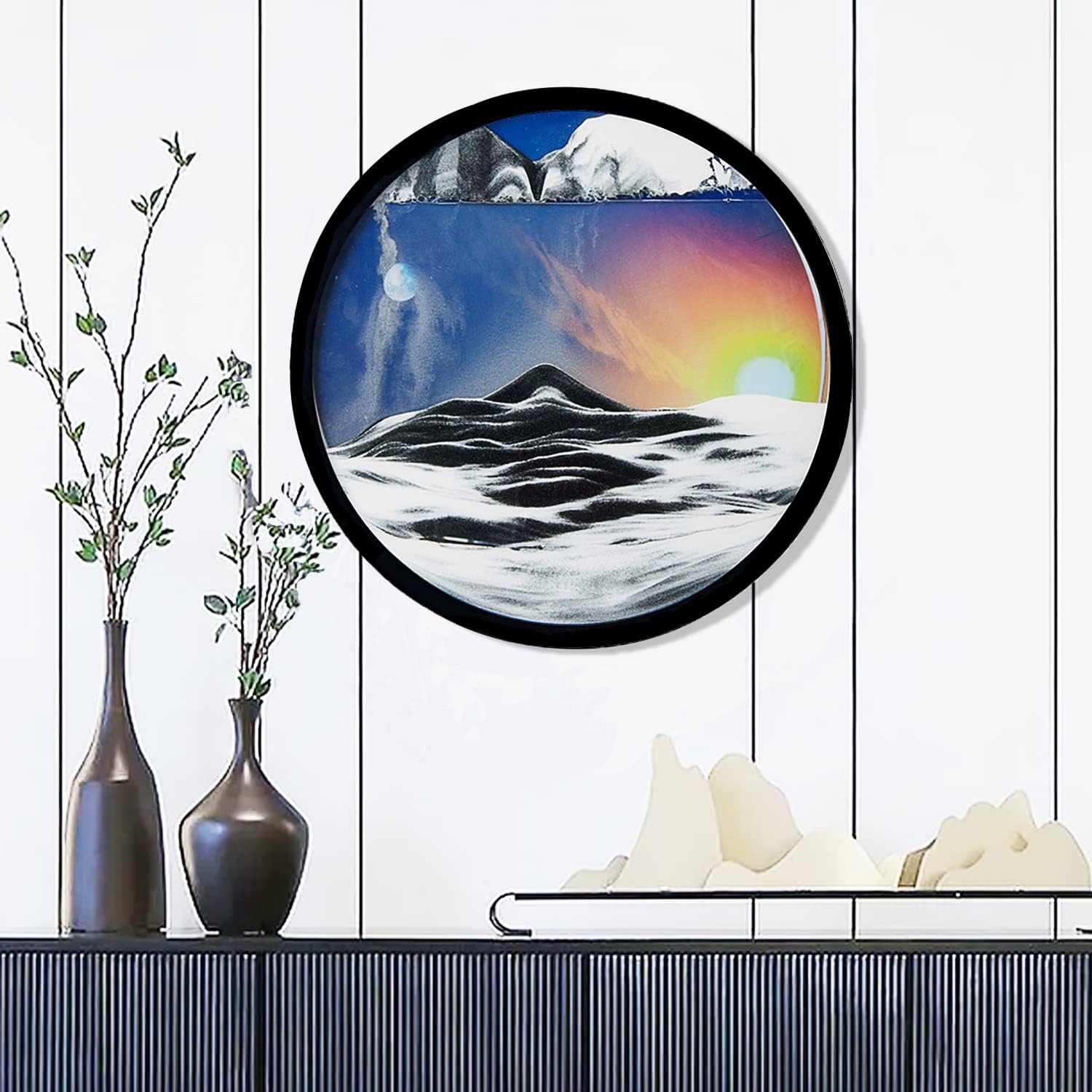 Moving Sand Art 3D Sand Painting Picture Creative Deep Sea Sandscape Living Room Decoration, 360° Rotate, Glass Crafts Solid Wood Frame, Relaxing Mood Home Office Work Decor, 44cm/17.3'' (Green)