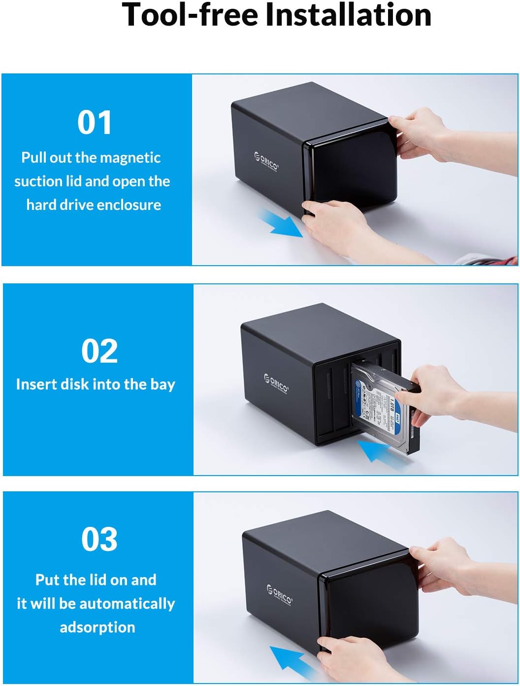 ORICO 5 Bay Raid Hard Drive Enclosure Magnetic Aluminum USB 3.0 to SATA for 3.5 inch HDD Tool Free Storage Case Support 7 RAID Modes Up to 80TB(5X16TB) - NS500RU3