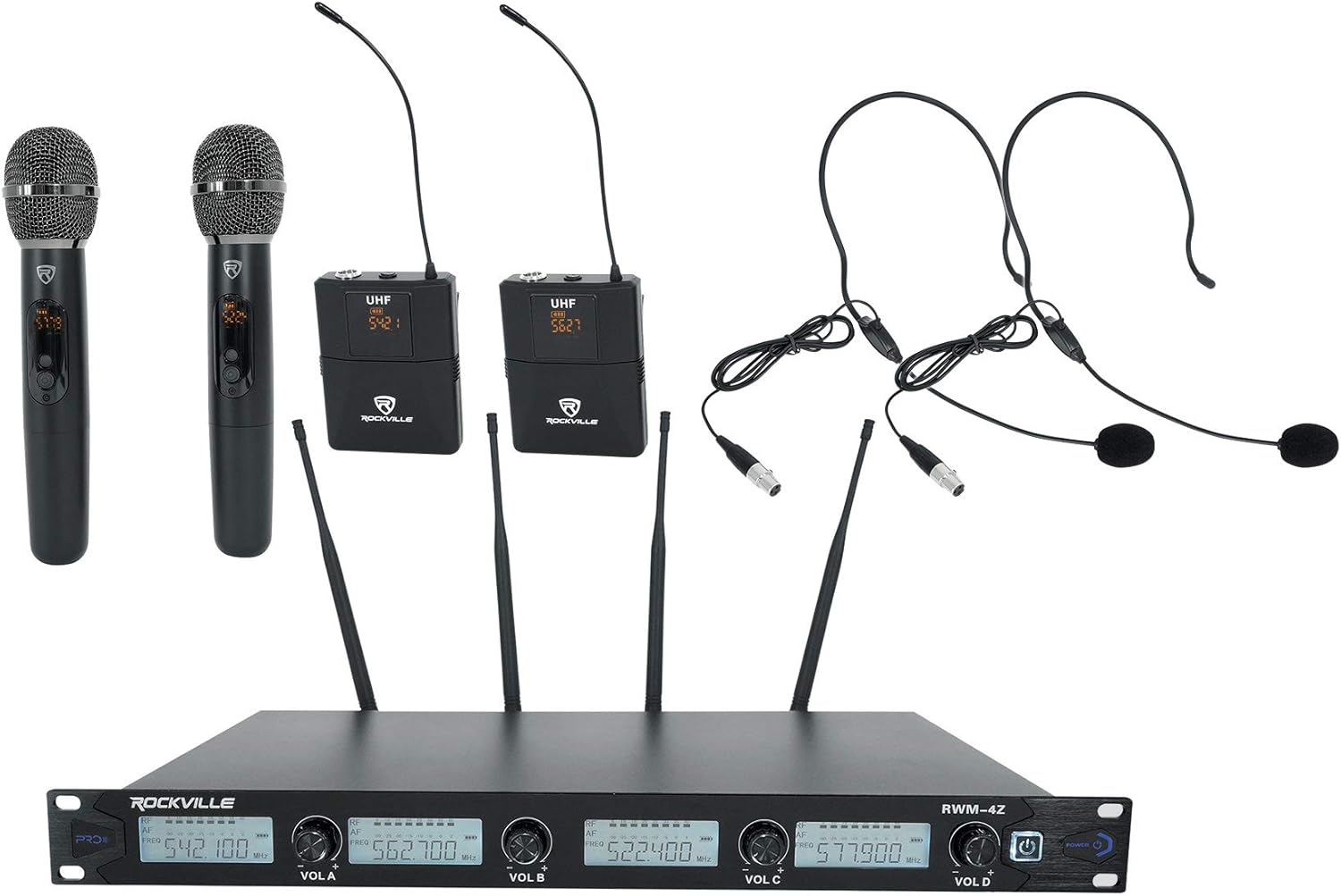 Rockville RWM-4Z Quad Wireless UHF Handheld/Headset Microphone System 20 Channel