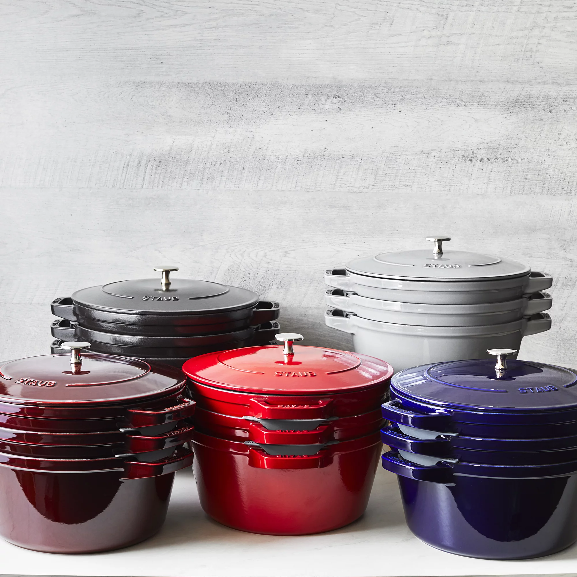 STAUB Cast Iron Set 4-pc, Stackable Space-Saving Cookware Set, Dutch Oven with Universal Lid, Made in France, Dark Blue