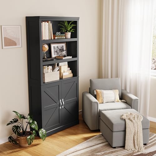 Farmhouse Bookshelves and Bookcases with Doors, Floor Standing 5 Shelf Display Storage Shelves, 69 in Tall Bookcase for Home Office, Living Room, Brown