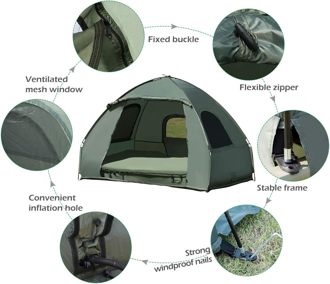 Tangkula 2-Person Outdoor Camping Tent Cot, Foldable Camping Tent with Air Mattress & Sleeping Bag, Waterproof Elevated Camping Tent with Carry Bag, Portable Camping Tent Cot