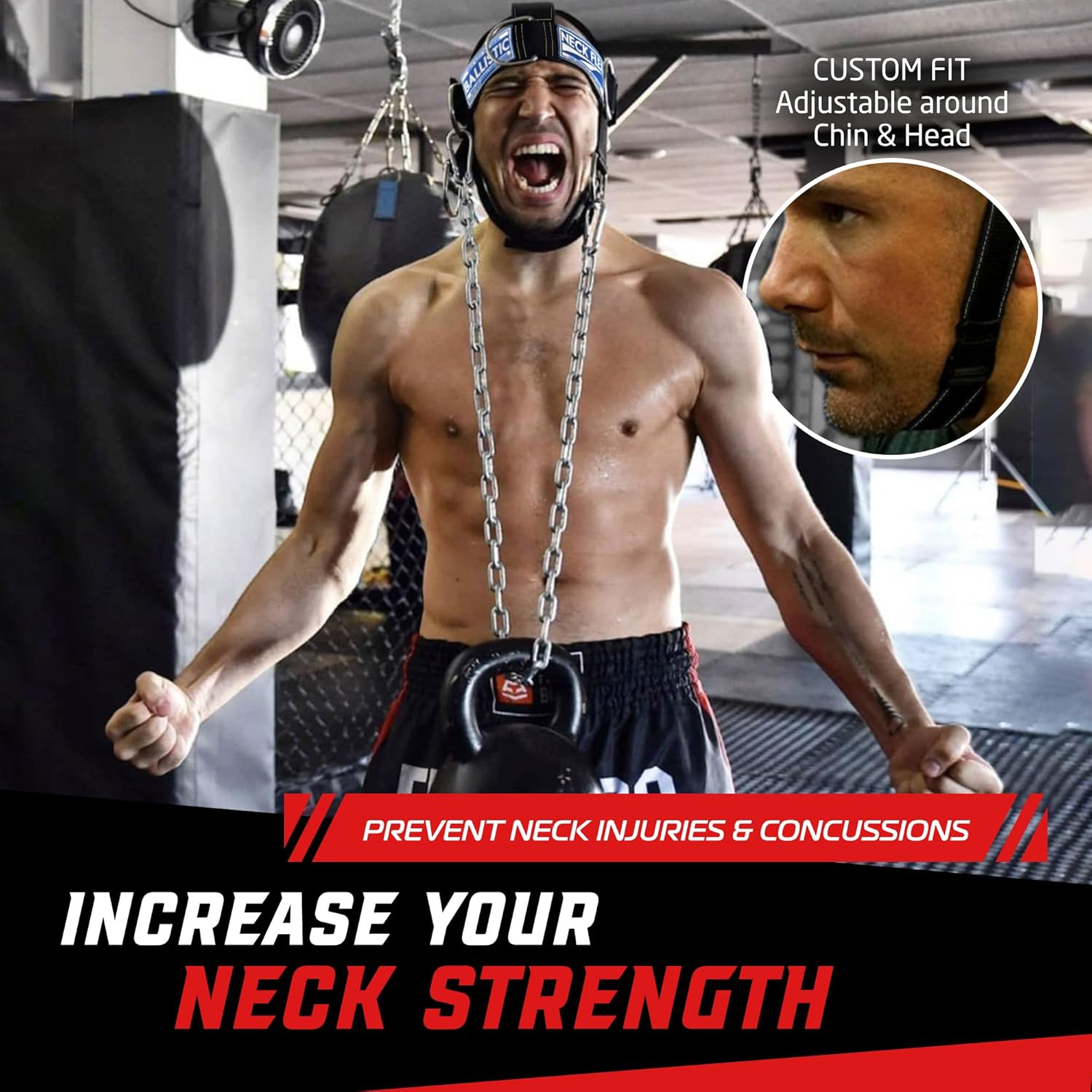 Ballistic Kevlar® Series, Neck Harness Trainer Kit, Functional Trainer & Weight Lifting Equipment, Heavy-Duty Head Harness with Chain, Resistance Band & Door Anchor