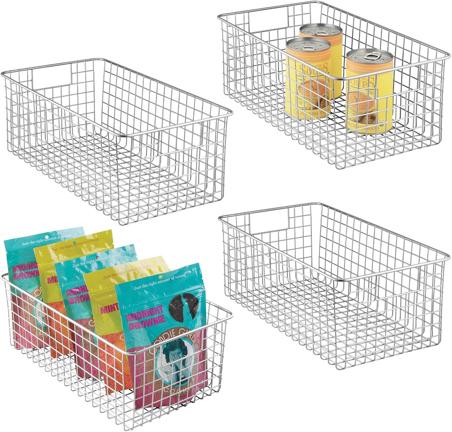 mDesign Household Metal Wire Cabinet Organizer Storage Organizer Bins Baskets trays - for Kitchen Pantry Pantry Fridge, Closets, Garage Laundry Bathroom - 16 x 9 x 3 - 4 Pack - Satin