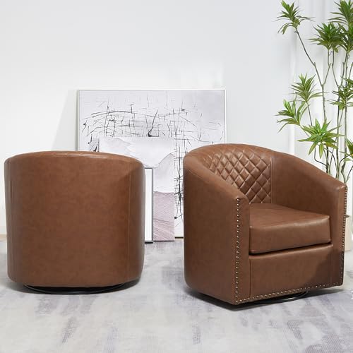 29" Wide Tufted Faux Leather Swivel Barrel Chair Set of 2, PU Leather Modern Upholstered Accent Chairs with Nailhead Trim, Small Armchair for Living Room Bedroom, Cream