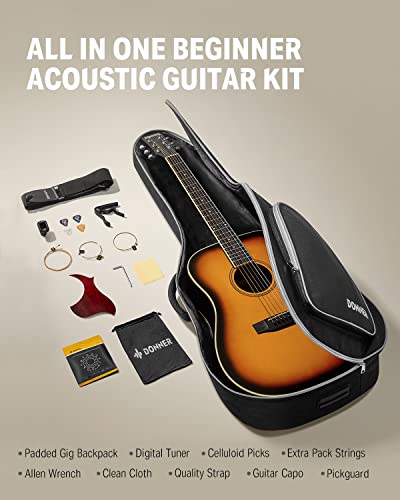 Donner 41'' Full Size Acoustic Guitar - Complete Beginner Kit for Adults, Teens with Free Online Lesson, Dreadnought Acustica Guitarra Bundle Set with Gig Bag, Strap, Tuner, Pickguard, Black DAG-1B