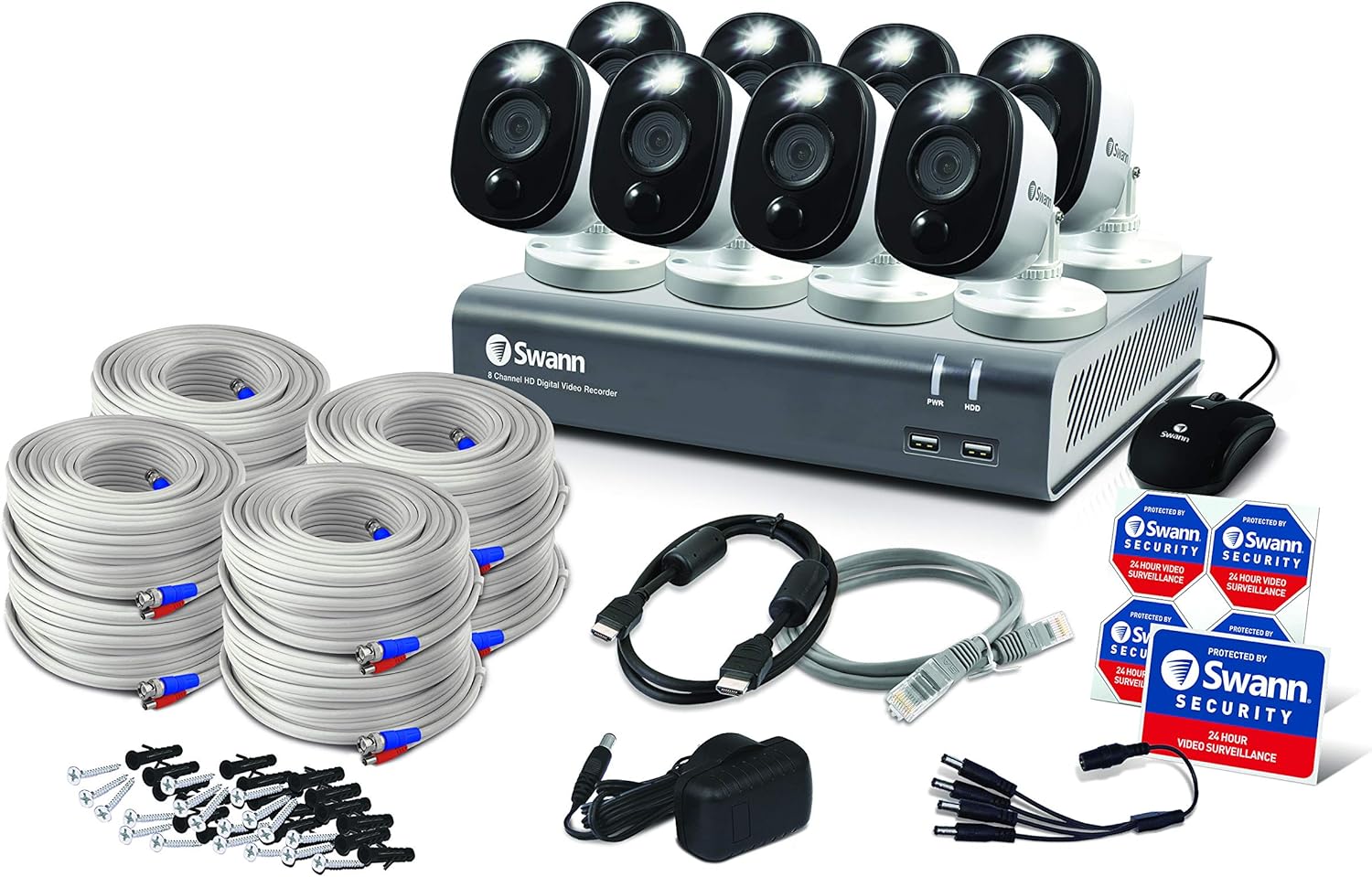 Swann Home Security Camera System, 8 Channel 8 Bullet Cameras, 1080p HD DVR, Indoor/Outdoor Wired Surveillance CCTV, Night Vision, Motion Sensor Lights, Alexa + Google, 1TB Hard Drive, SWDVK-845808WL