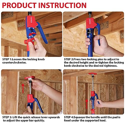 WORKPRO Cabinet Jack Support Pole, 54-114 Inches Steel Telescopic Quick Support Rod Adjustable 3rd Hand Support System with 154 lbs Capacity for Cabinet Jack, Drywall Jack& Cargo Bars, 4-Pack