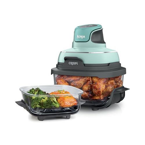 Ninja Crispi Air Fryer, Microwave, Freezer & Dishwasher Safe, Non Toxic Glass Portable Cooking System, 4 QT & 6 Cup Glass Containers with Storage Lids, Easy Meals, Air Fry, Bake, Green, FN101SG