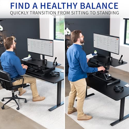 VIVO 42 inch Electric Motor Desk Converter, Height Adjustable Riser, Sit to Stand Dual Monitor and Laptop Workstation with Wide Keyboard Tray, Black, DESK-VE42B