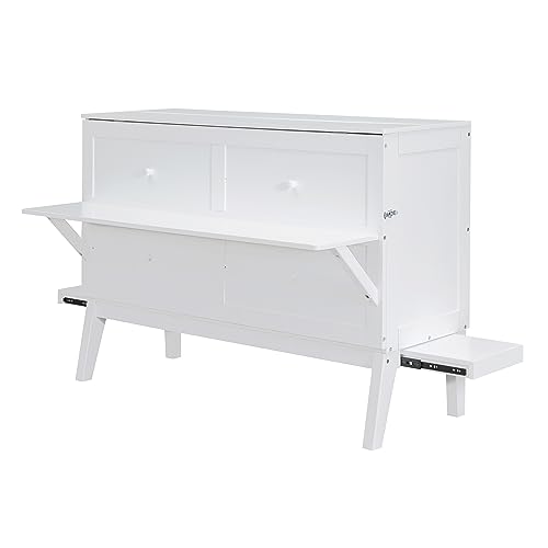 Queen Size Murphy Bed with Bookcase,Foldable Platform Bed Folded into Cabinet, Wood Murphy Bed Frame with Storage Drawer and Bedside Shelves Compatible with Bedroom,Small Space(White) ，Queen Bed