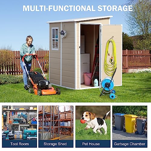 CDCASA 6x3 FT Storage Shed, Waterproof Resin Outdoor Storage Shed with Floor & Window & Double Lockable Doors and 2 Vents, Tool Shed for Bike, Garden, Backyard,Lawn, All Weather Use, Light Brown