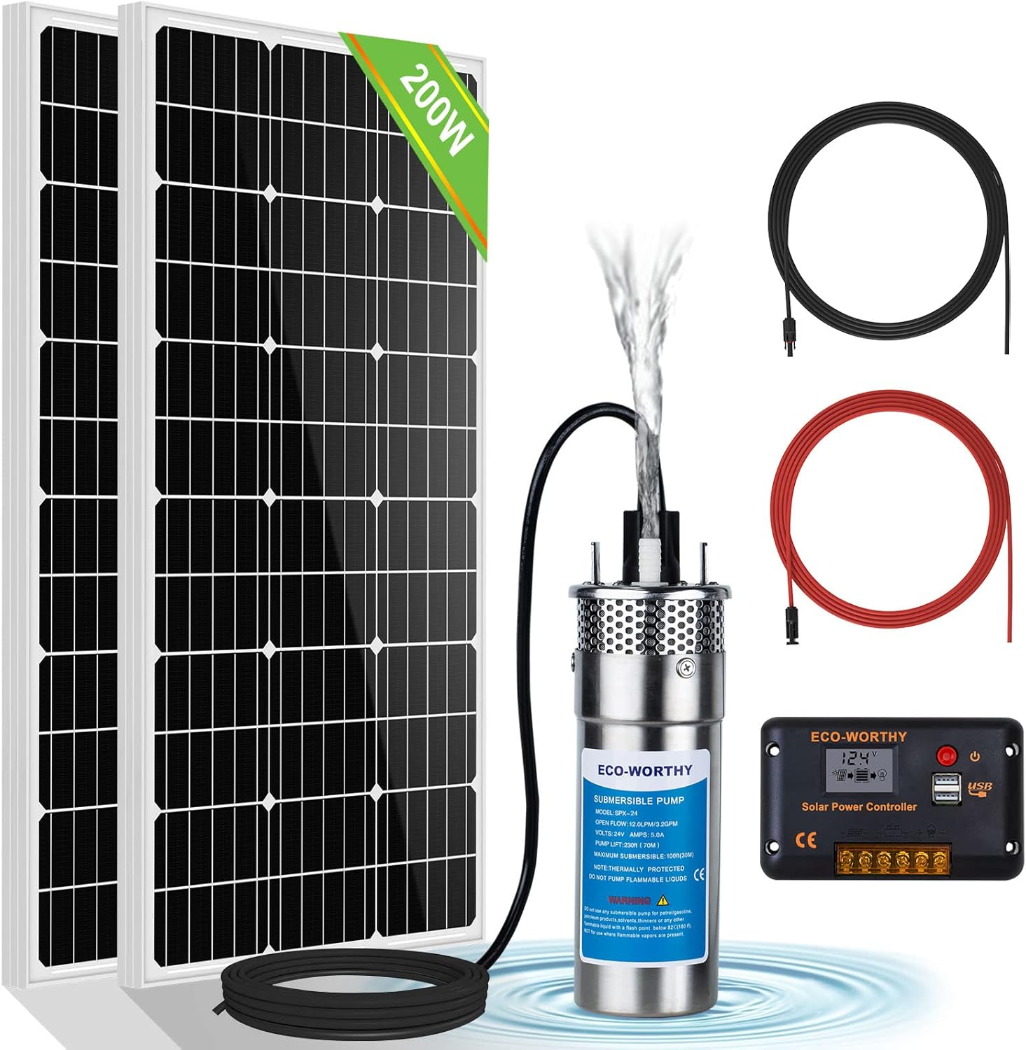 ECO-WORTHY Solar Deep Well Pump System, 12V Water Pump + 2pcs 100W Monocrystalline Solar Panel + 20A Controller +16.4ft Solar Cable for Remote-regions Water Supply,Deep Well, pool, Farm & Ranch