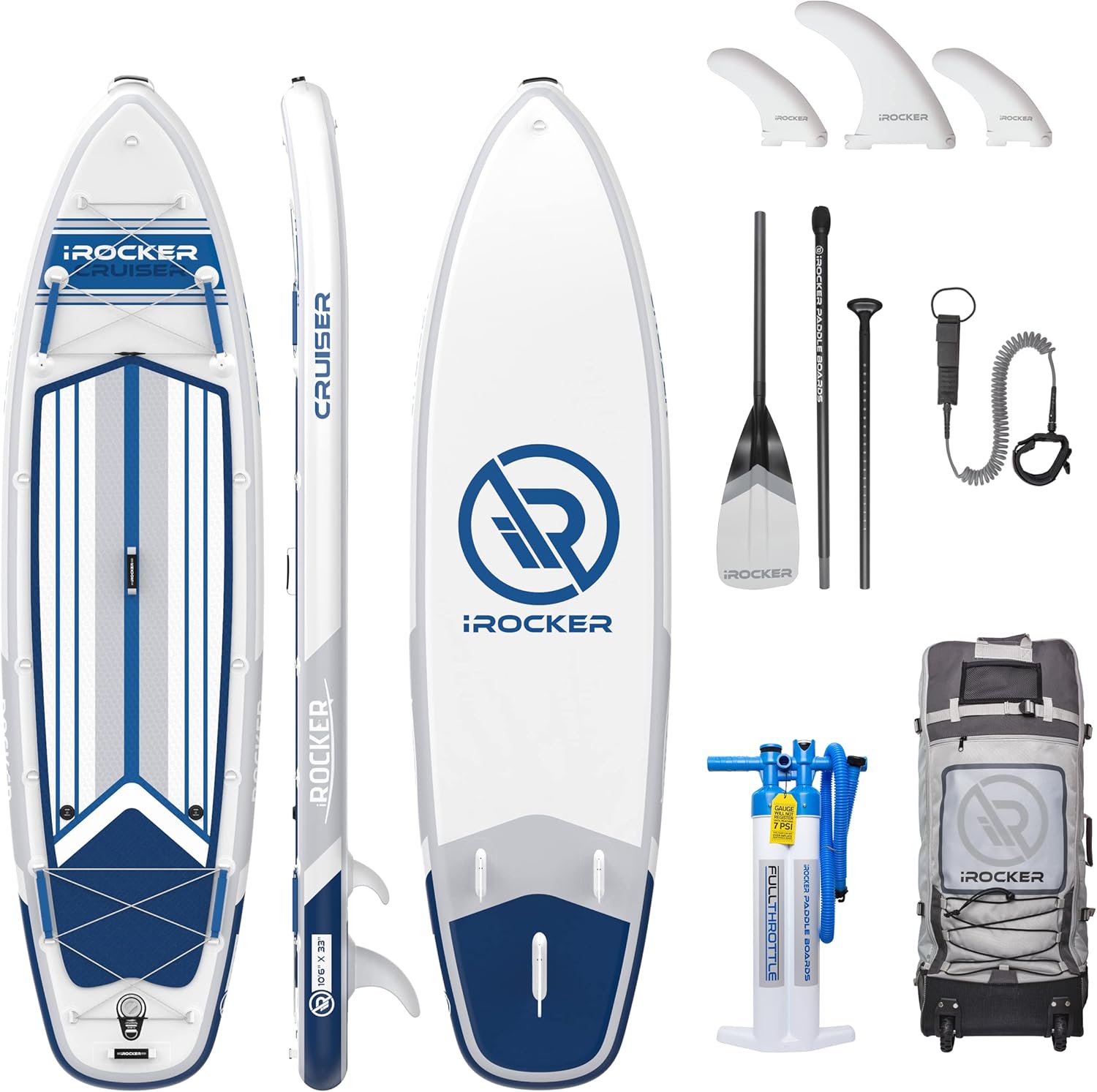 iROCKER Cruiser Inflatable Stand Up Paddle Board, Extremely Stable 10'6 Long 33 Wide 6 Thick Premium SUP with Roller Bag, Carbon Paddle, Pump, Leash, Fins & Repair Kit