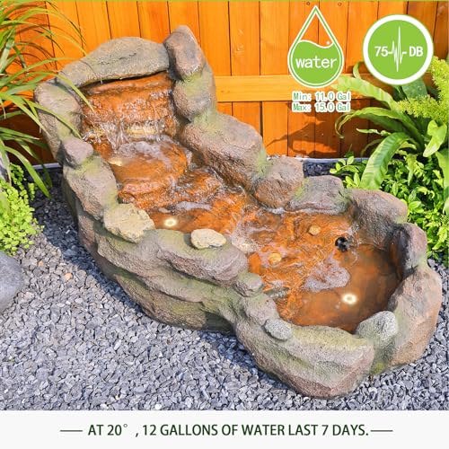 Garden Water Fountains outdoor Floor Standing, 3 Tier Rock Waterfall Fountain with LED Lights and Pump for Garden, Patio, Backyard, Deck, Porch and Home Art Deco, 56.3" Very Tall