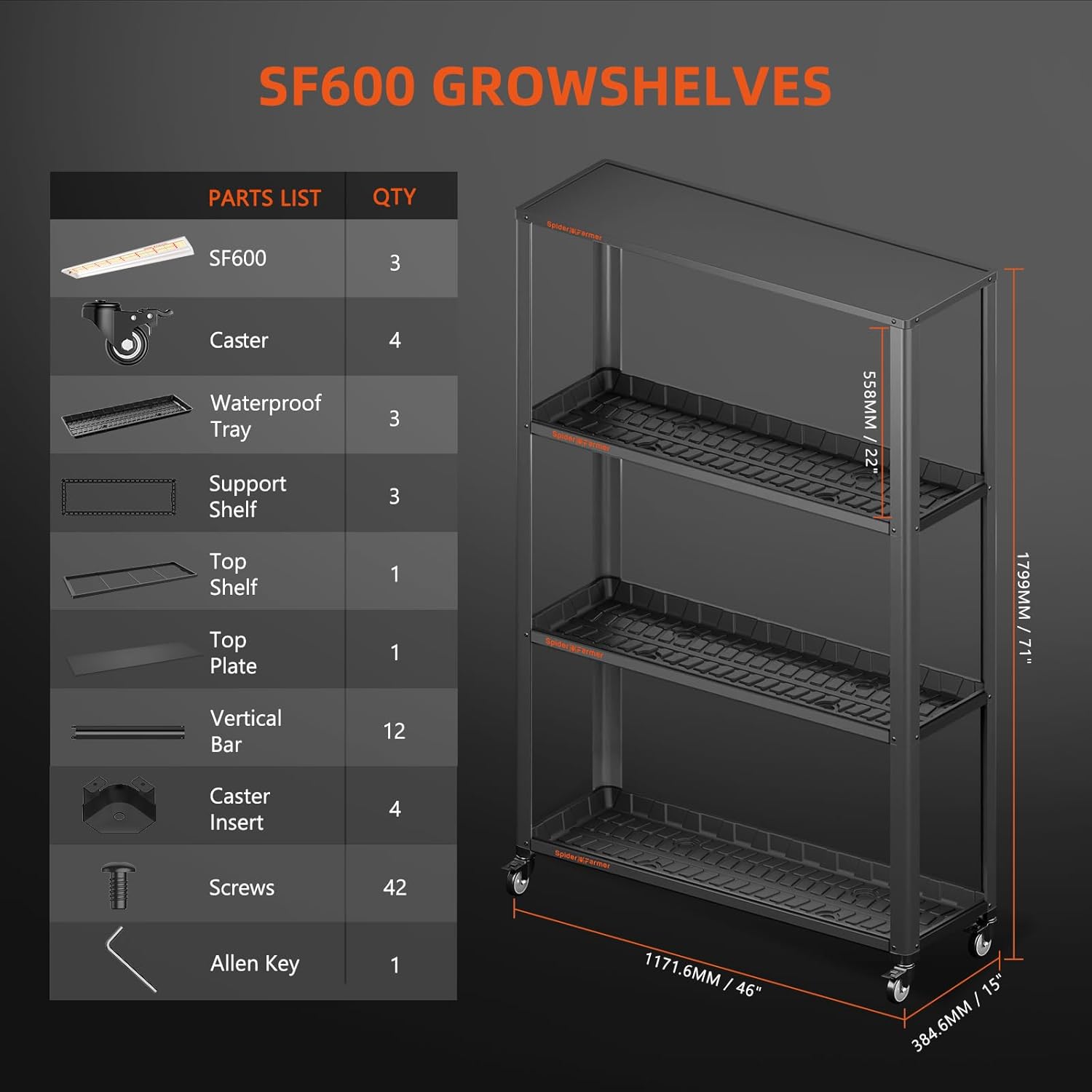 Spider Farmer SF600 Growshelves LED Grow Light Plant Stand 3 Tier with Wheels Metal Portable Indoor Gardening System Full Spectrum for Indoor Plants Seedlings 46Lx15Dx70H (3xSF600+Plant Shelf)