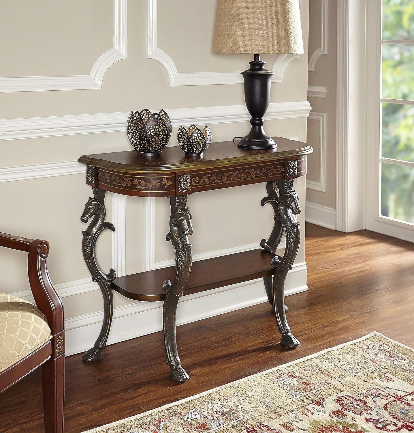 Powell Masterpiece Floral Demilune Console Table with Horse Head and Hoofed-Foot Cast Legs and Display Shelf