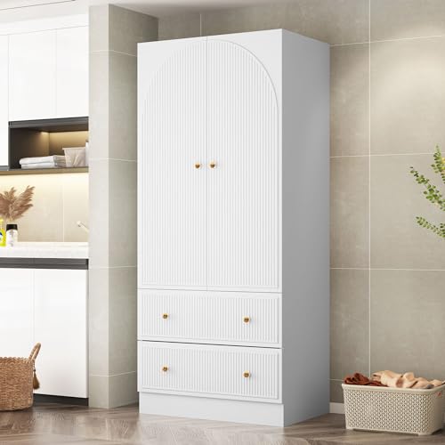 QHITTY Freestanding Bedroom Armoire Wardrobe with 2 Drawers, Bedroom Chest Clothes Storage with Clothing Rod and 2 Storage Doors for Bedroom, Living Room White