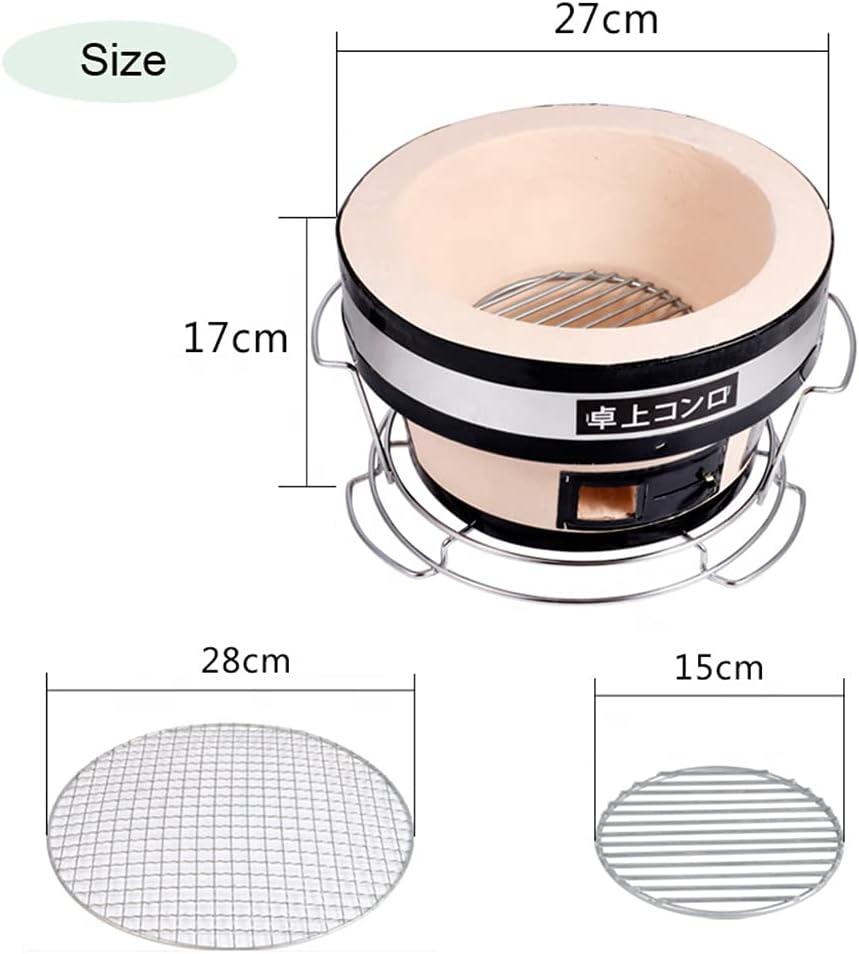 Japanese Ceramic Clay BBQ Hibachi Grill, Round Table Top Charcoal Barbecue Portable Yakitori Charcoal Stove with Tongs for Indoor Outdoor