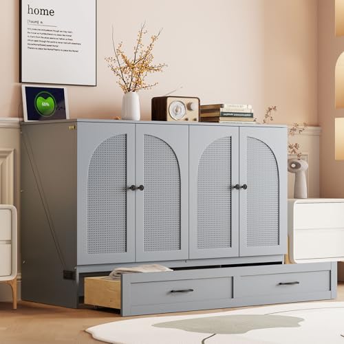 Full Size Murphy Bed Cabinet, Solid Wood Murphy Bed with Charging Station and Large Storage Drawer, Wall Mounted Foldable Platform Bed, Space Saving for Guest Room, Office, Gray