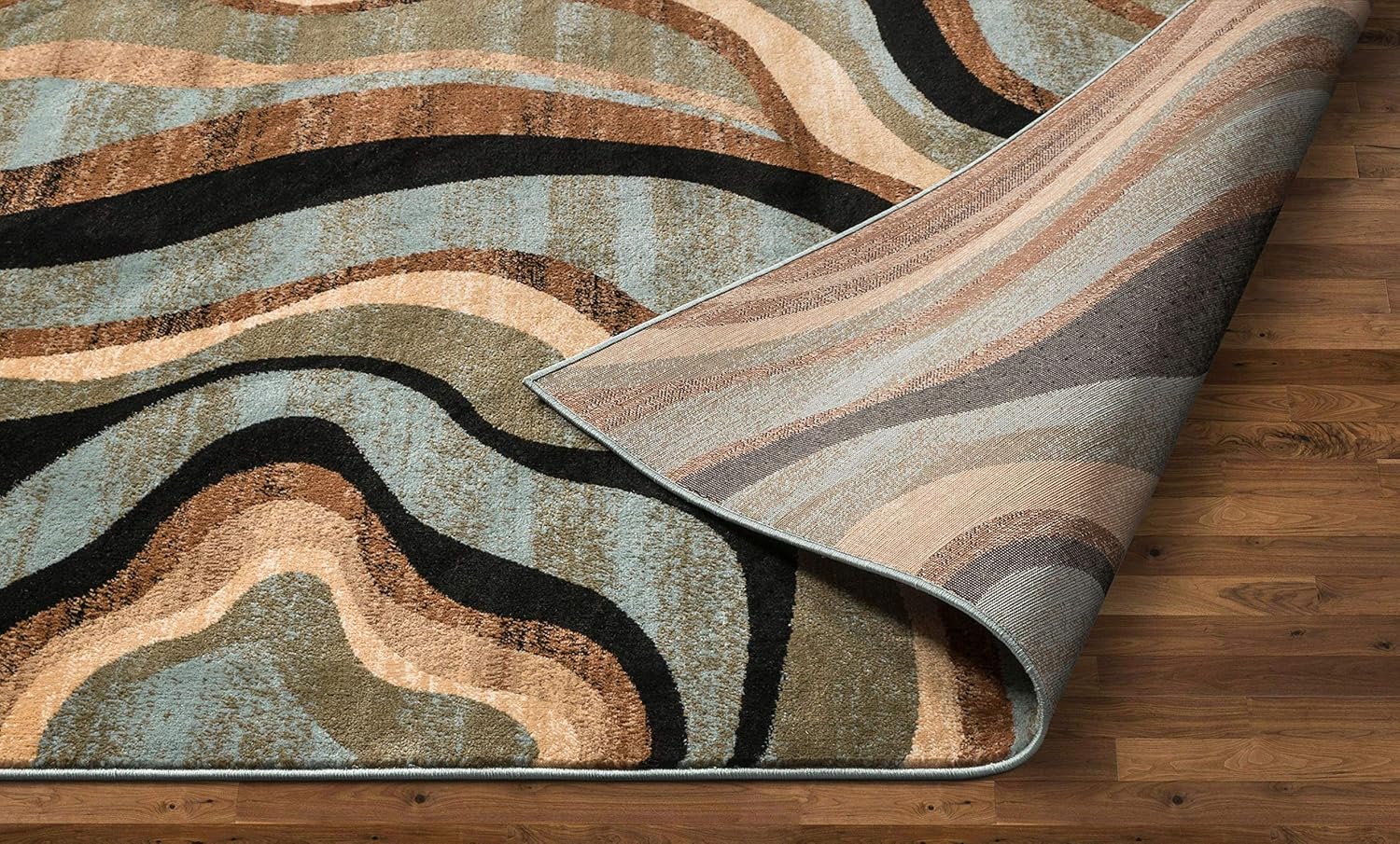Hudson Waves Blue Brown Geometric Modern Casual Area Rug 8x10 8x11 ( 7'10" x 9'10" ) Easy to Clean Stain Fade Resistant Shed Free Abstract Contemporary Natural Lines Multi Soft Living Dining Room Rug