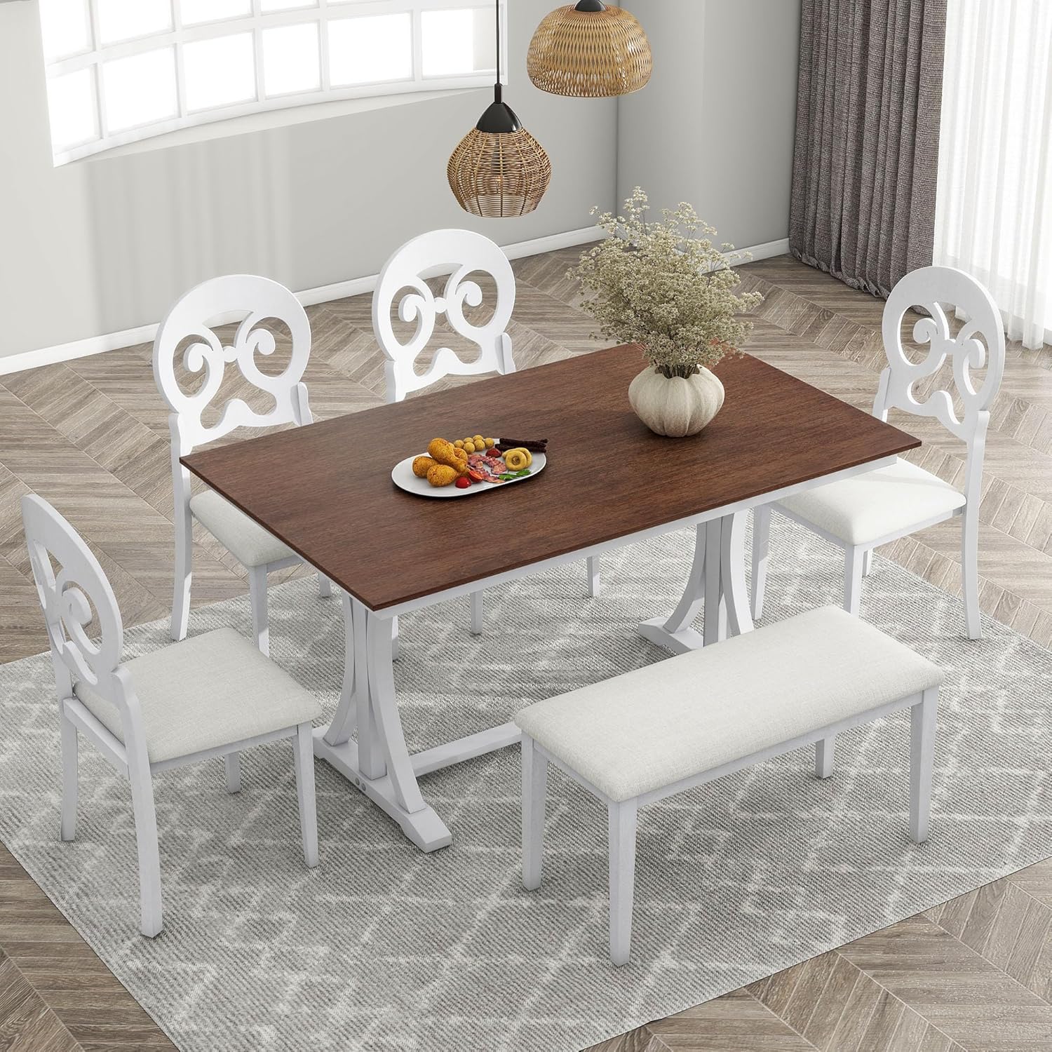 Mid-Century 6-Piece Trestle Table Set with Victorian Round Upholstered Dining Chairs,Vintage Wooden Rectangular Tabletop w/Long Bench,for Living Room/Hostel,Cherry+Antique White