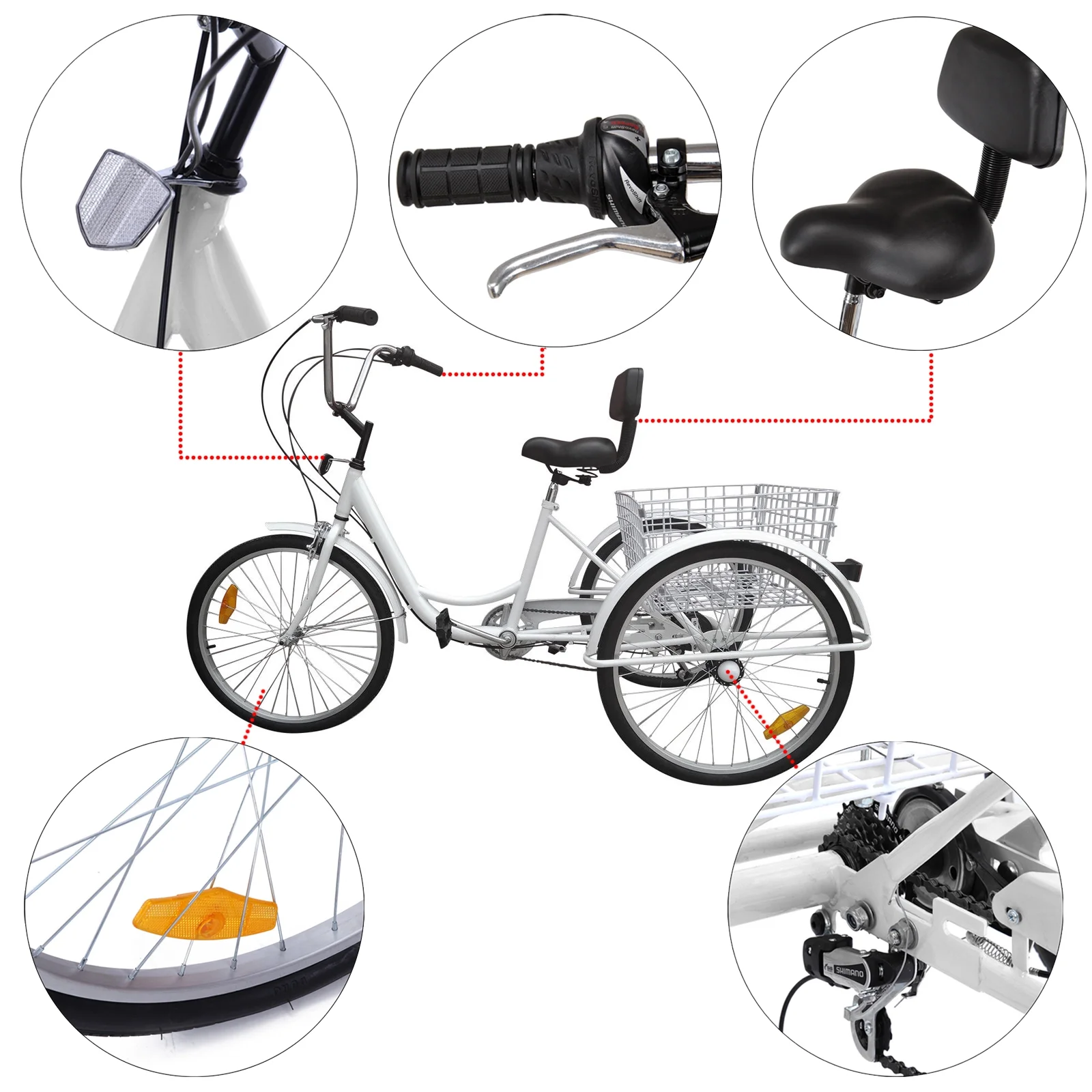 Motor Genic Unisex 7-Speed 24" Adult 3-Wheel Tricycle Cruise Bike With Basket Women Trike Bycicle White