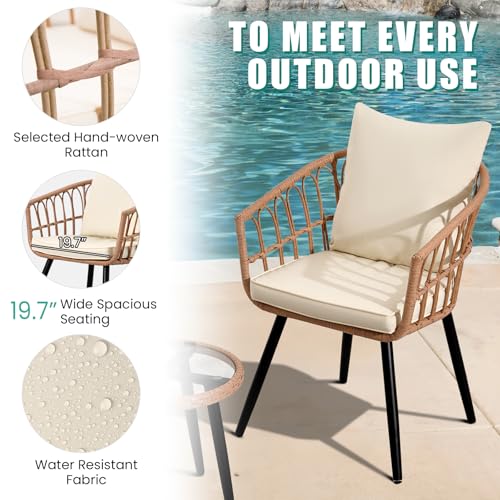 3 Pieces Patio Bistro Set, Outdoor Wicker Table and Chairs Set of 2, Rattan Balcony Furniture Set with Cushions for Front Porch Apartment Backyard Deck,Beige