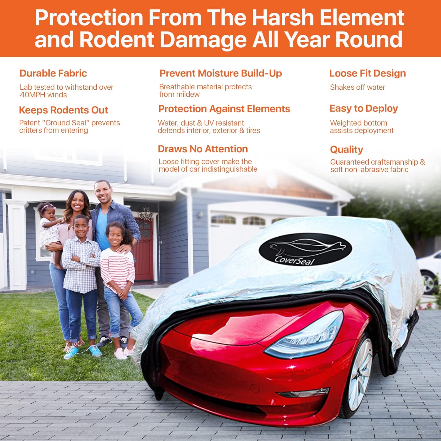 CoverSeal Heavy Duty Outdoor Car Cover with Patented Weighted Ground Conforming Apron Seal - All Weather Waterproof Car Cover for Automobiles - Full Size 230 L x 70-75 W x 73 H inch Max
