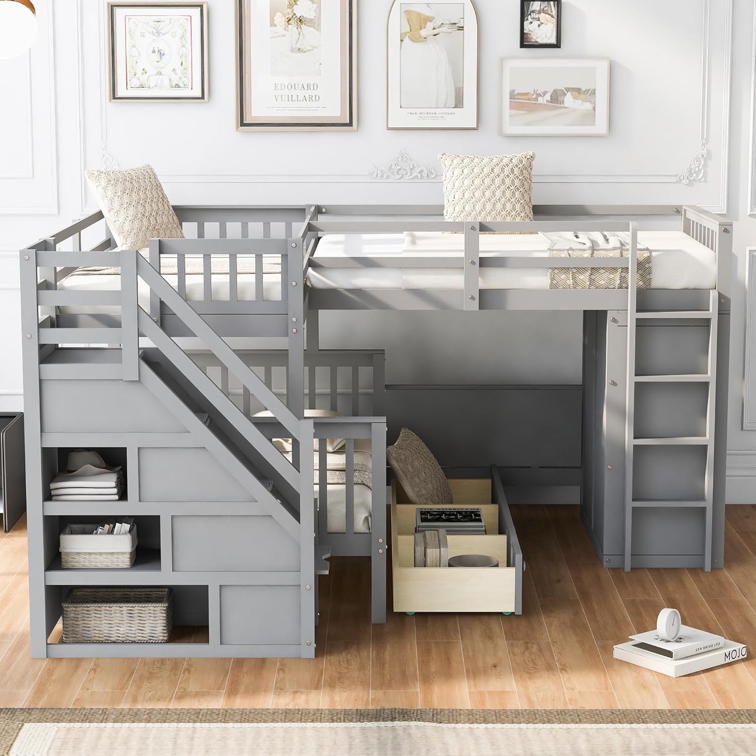 Twin-Twin Over Full L-Shaped Bunk Bed W/3 Drawers Wardrobe Solid Wood W/Portable Desk Ladder Guardrail Grey Modern Contemporary Unisex Nature Space Pine Finish