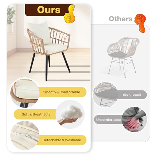 3 Pieces Patio Bistro Set, Outdoor Wicker Table and Chairs Set of 2, Rattan Balcony Furniture Set with Cushions for Front Porch Apartment Backyard Deck,Beige